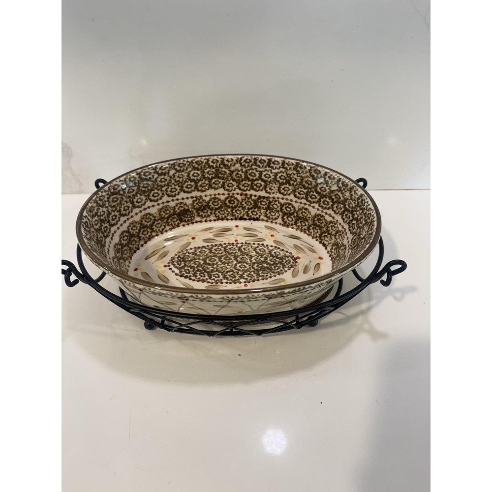 Temptations Old World Brown 1.5 Qt Oval Casserole Bowl Dish W/Trivet And Rack